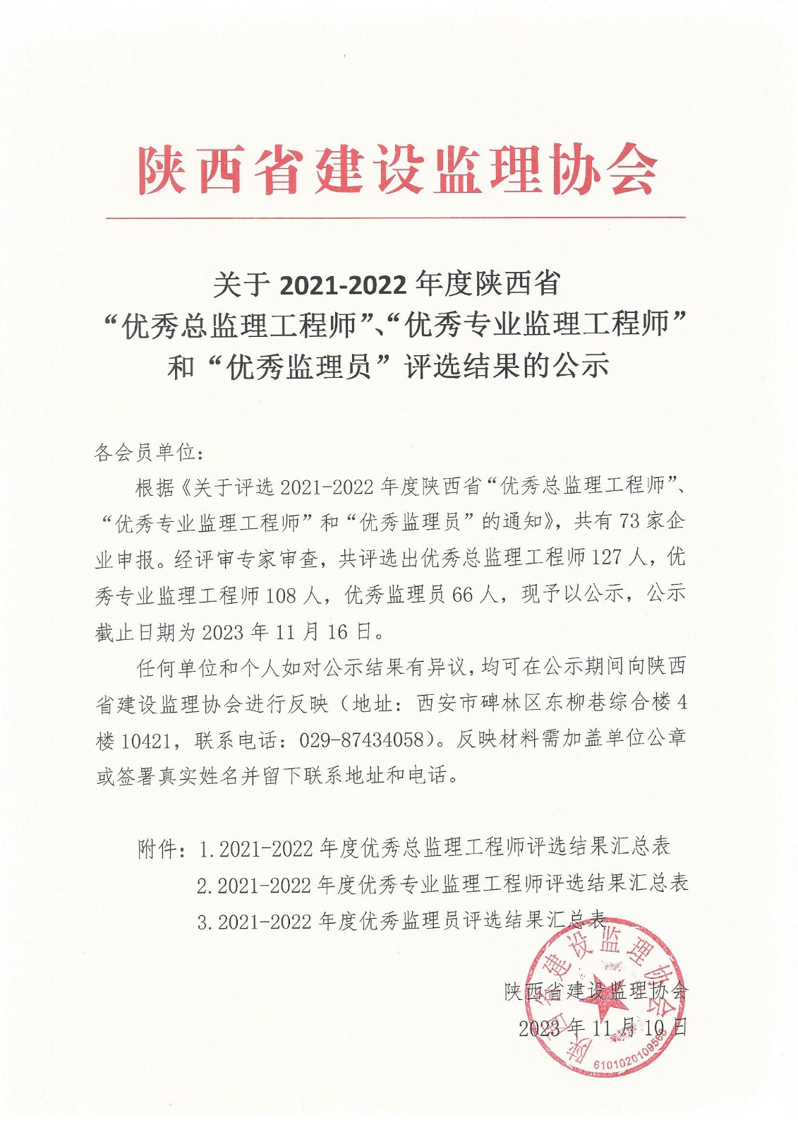 關(guān)于2021—2022年度陜西省“優(yōu)秀總監(jiān)理工程師”、“優(yōu)秀專業(yè)監(jiān)理工程師”和“優(yōu)秀監(jiān)理員”評(píng)選結(jié)果的公示